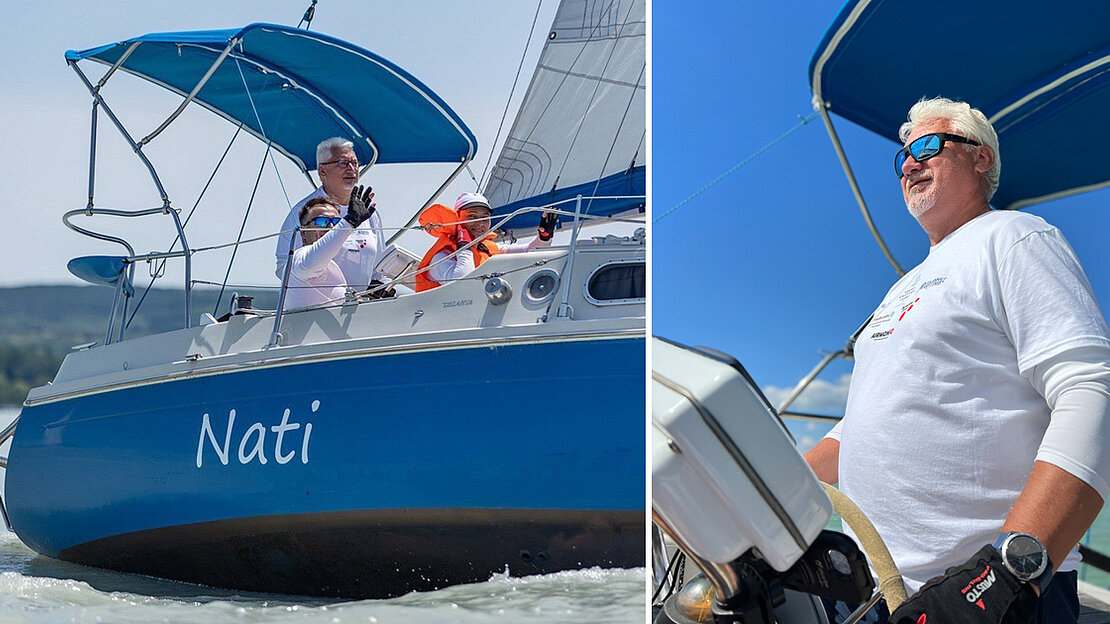 Two images showcase a man and a woman sailing; in the right picture, the man confidently handles the sailboat.