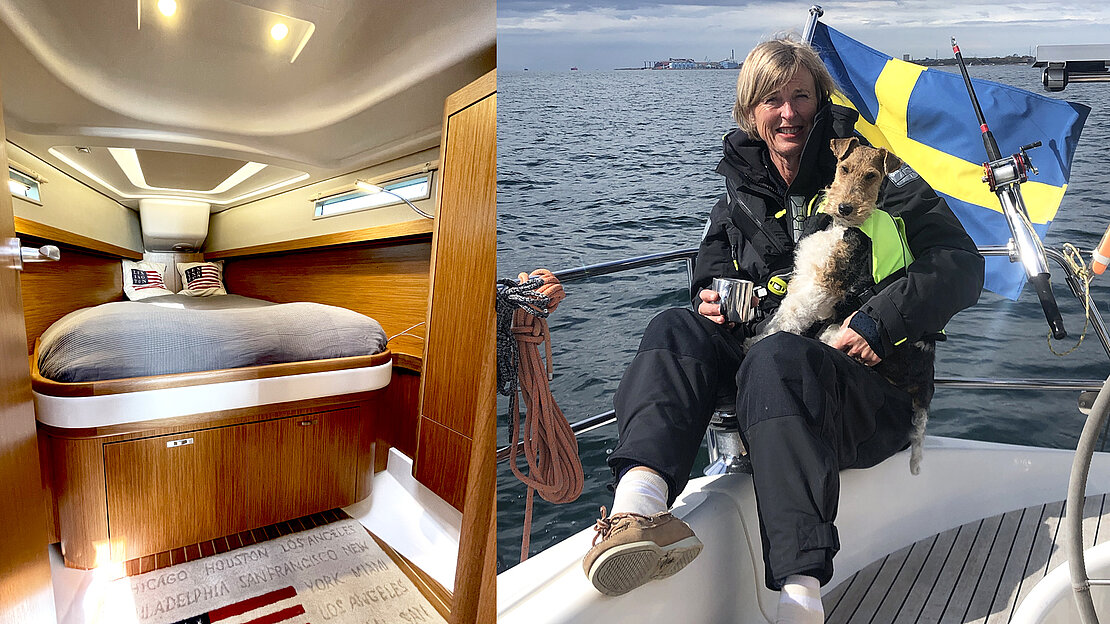 Sailing yacht master cabin, owner of Saga sits on deck of sailing yacht with dog in lap, Swedish flag waves in background