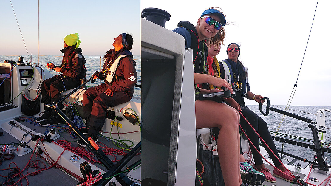 Weibliches Segelteam in vollem Rennmodus beim Steuern ihres Rennsegelboots