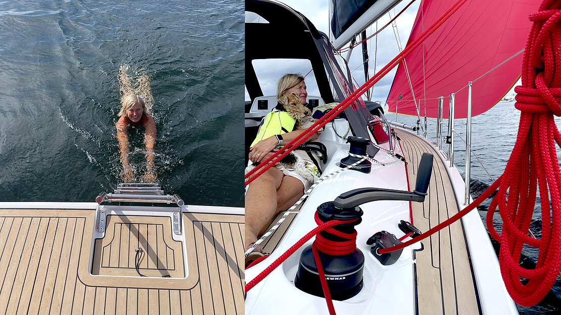 Owner of Saga sailing yacht swims to bathing platform ladder featured on left, Owner of Saga sailing yacht enjoys view of ocean sitting on the deck of boat.
