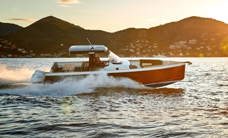 Fjord schnelles Luxus-Motorboot auf dem Meer