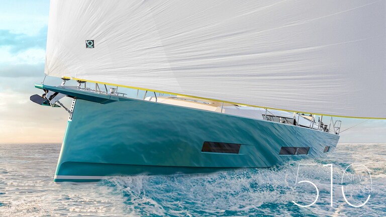 Oszałamiający render 3d nowego, łatwego w żegludze, szybko pływającego 50-stopowego jachtu.
