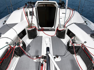 Cockpit of a white Dehler sailing yacht