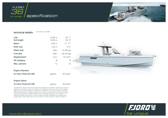 Fjord 36 MY tender | Especificaciones estándar | Fjord