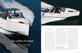FJORD 40 open: Testbericht - marina.ch Oktober 08 | Das andere Konzept. Sie war das erste neue Modell nach der Übernahme von FJORD durch HanseYachts. Sie gewann gleich den begehrten Titel als «European Powerboat of the Year». Sie polarisiert. Die FJORD 40 ist keine gewöhnliche Motoryacht. | Fjord