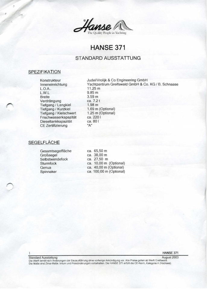 Hanse 371 Specifications
