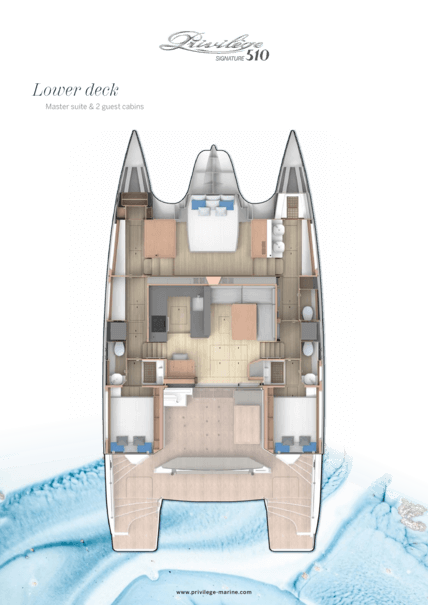 Privilège Signature 510 Layout with one master cabin and two guest cabins | Lower deck | Privilège