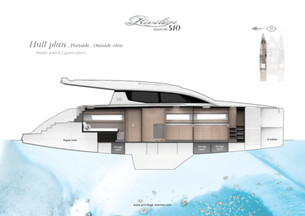 Privilège Signature 510 – Hull plan with portside outside view | Layout with one master cabin and two guest cabins | Privilège