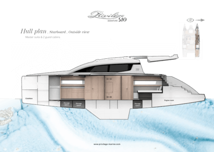 Privilège Signature 510 – Plan de la coque avec vue extérieure à tribord | Aménagement avec une cabine principale et deux cabines d'invités | Privilège