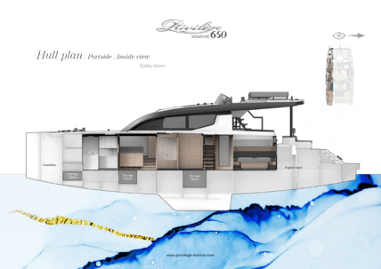 Privilège Signature 650 – Hull plan with portsite inside view | Layout with galley down | Privilège