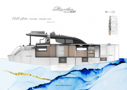 Privilège Signature 650 – Hull plan with portsite outside view | Layout with galley down | Privilège
