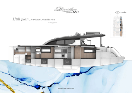 Privilège Signature 650 – Hull plan with starboard outside view | Layout with galley down | Privilège