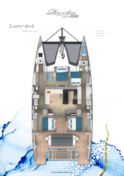 Privilège Signature 650 Galley up | Interior layout - master suite, 2 guest cabins and crew quarter | Privilège