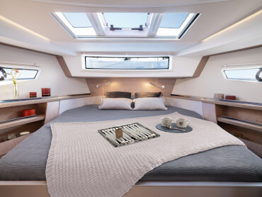 Master cabin of the Sealine C335v with large double bed