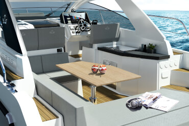 Motorboat, cockpit, table, dining table, outdoor kitchen, sunbed, bench
