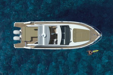 Motorboat, bird's eye view, sunroof, bimini, cockpit, sun lounge