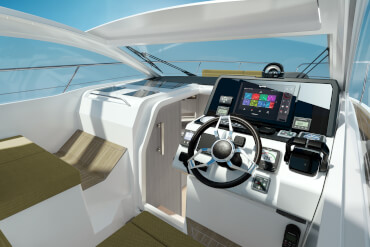 Motorlu tekne, dümen pozisyonu, direksiyon simidi, panoramik görüntü, ön cam