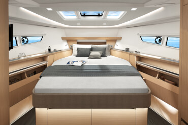 motorboat, master cabin, owner, island bed, hull window, natural light