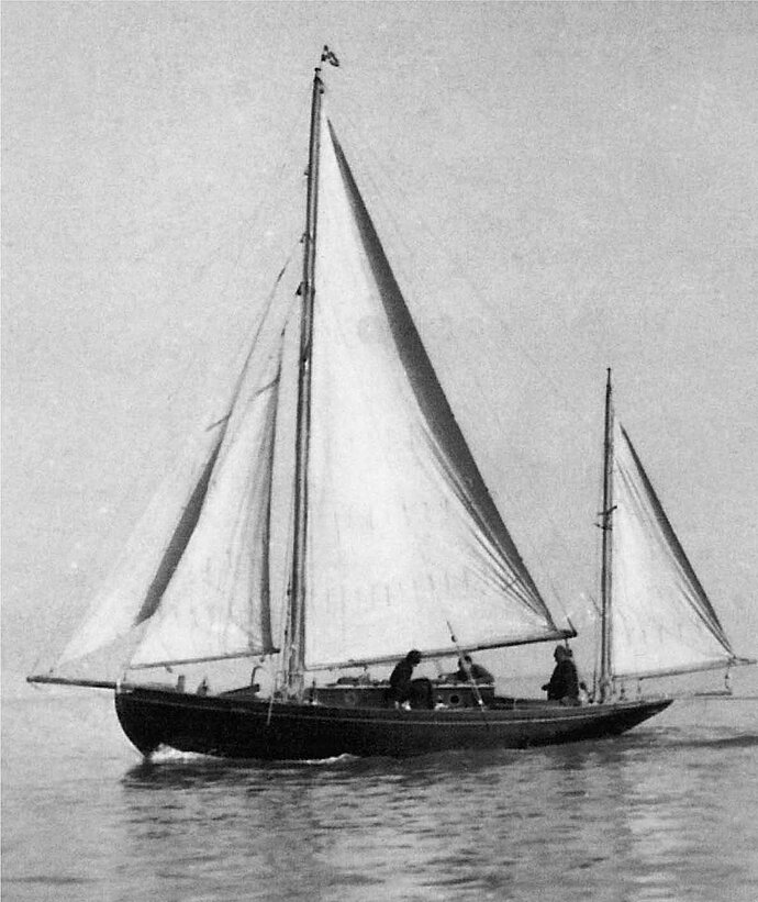 Exterior of High quality elegant wooden sailing yacht the Vindilis, designed by T. Harrison Butler.