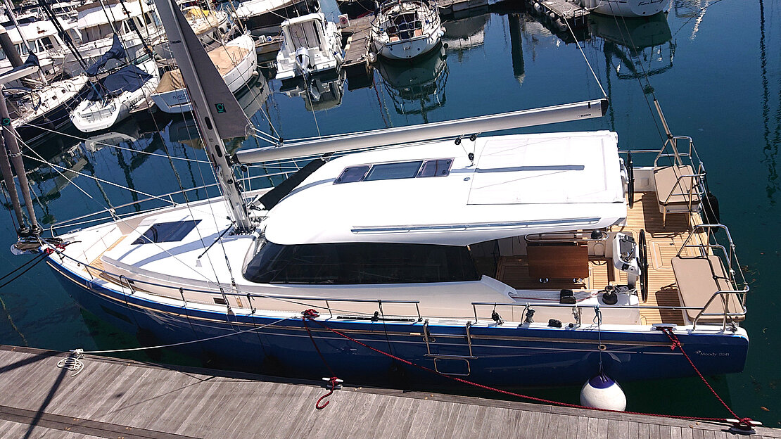 Overhead view of live decksaloon bluewater sailing yacht